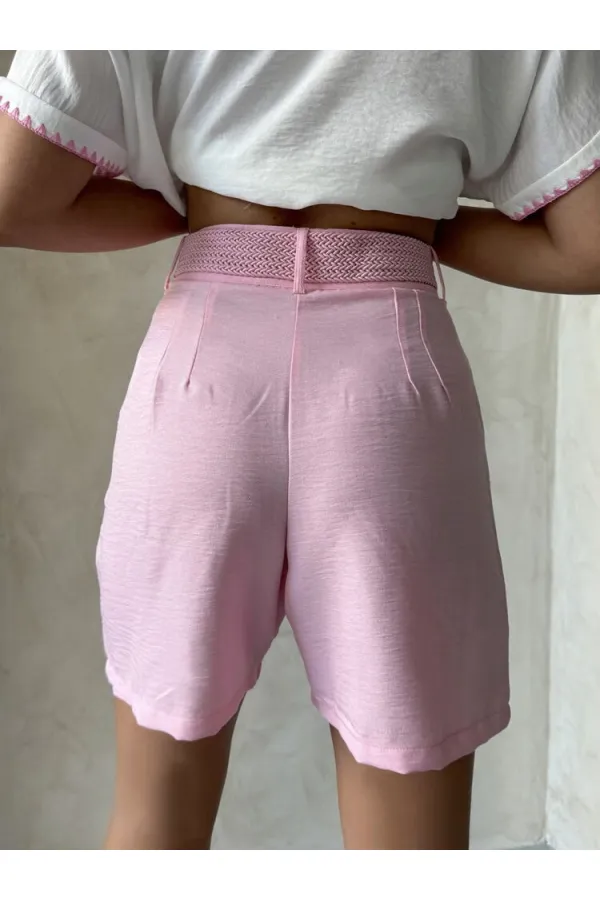 Kemerli Şort - Pembe - D2686 | Topshow