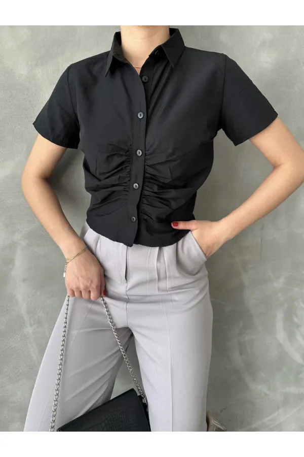 Topshow Black Gipel Front Gathered Wholesale Blouse