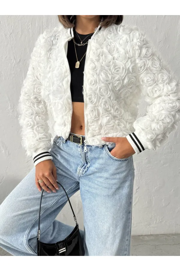 Topshow - Manteau zippé imprimé rose en gros - Crème