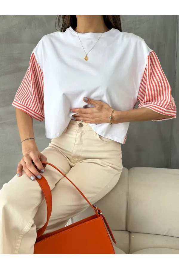 T-shirt Topshow à rayures orange en popeline à manches en gros