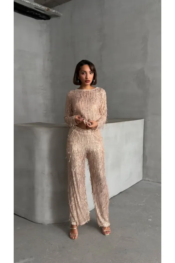 Pullu Tül Toptan Pantolon - Taş Gold | TOPSHOW | F1611