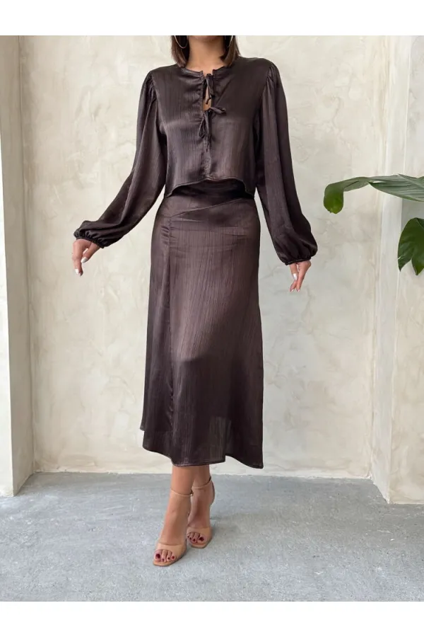 Kraşlı Saten Toptan Etek - Kahve | Topshow | F1915