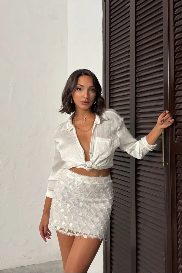 Topshow Pul Detaylı Abiye Mini Etek - Krem | F2011