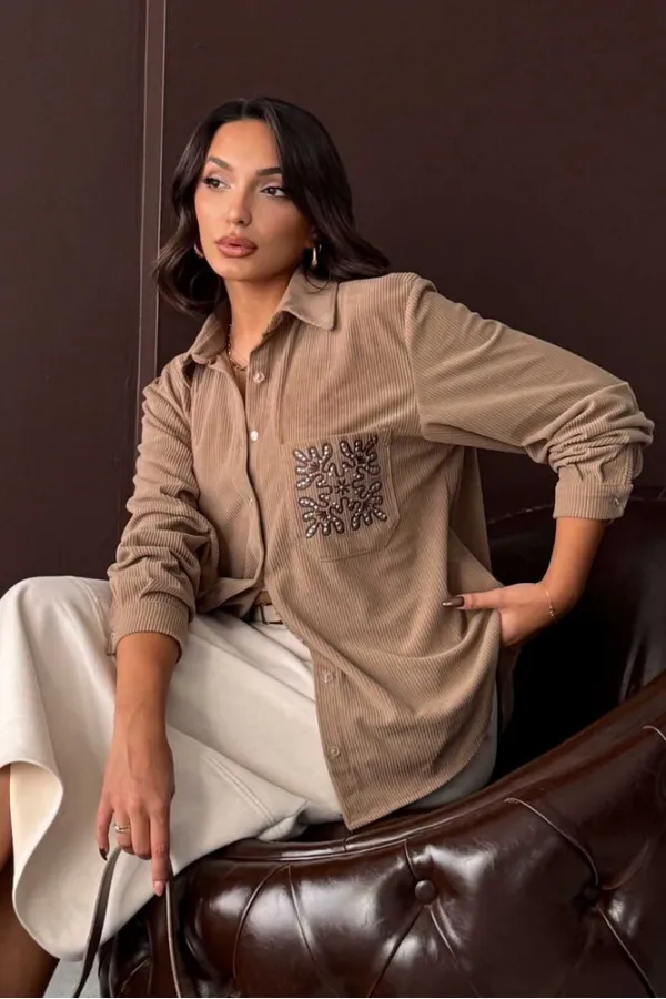 Topshow Embroidered Corduroy Shirt with Pocket - Mink | F1997