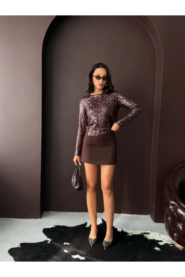 Chemisier à sequins scintillants Topshow à manches longues, disponible en gros - MARRON FONCÉ