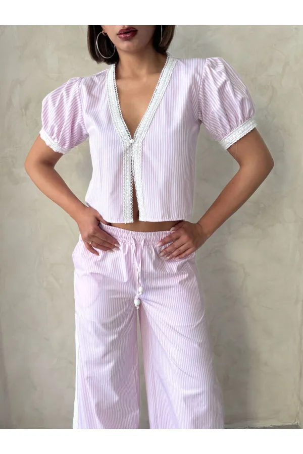 Guipure Detailed Striped Blouse - Pink | topshow