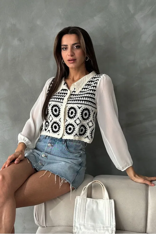 Çiçek Desenli Kısa Toptan Hırka | F0025 - Taş Siyah | TOPSHOW | F0025