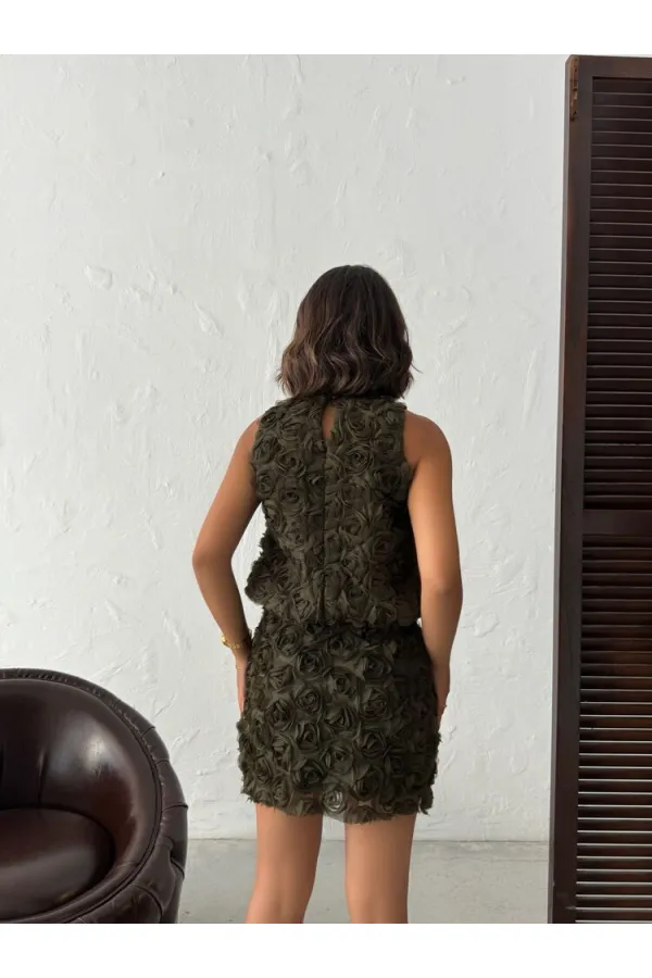 Topshow - Toptan Gül Desenli Tül Etek - Haki