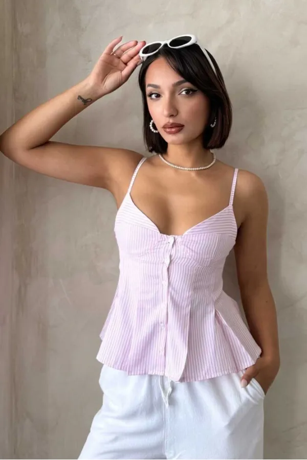 Blouse à bretelles rayées - Rose | Topshow