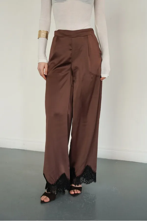 Wholesale Satin Trousers with Lace Hem - Coffee | D2969 - Topshow