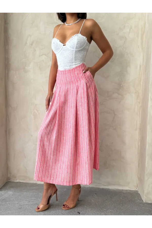 Çizgili Keten Etek - Pembe | Topshow | F1918