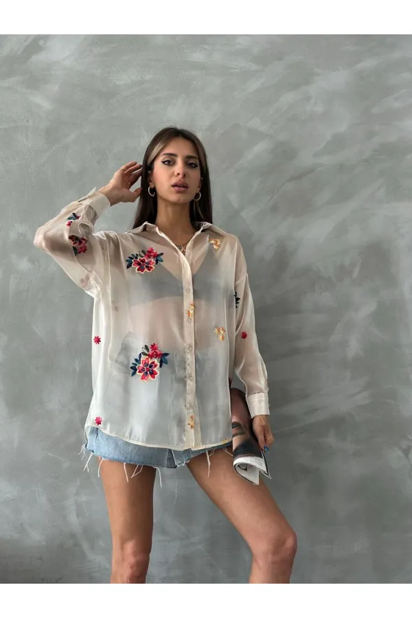 Embroidered Organza Wholesale Shirt - Stone | TOPSHOW | F1690