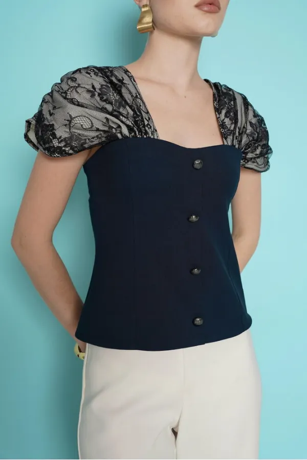 Boat Neck Blouse with Lace Detail on Shoulder - Navy Blue | D2994 - Topshow