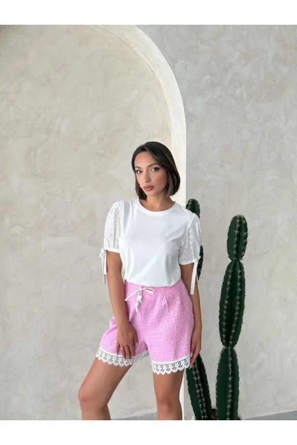 Güpür Detalı Pullu Kot Şort - Pembe | Topshow