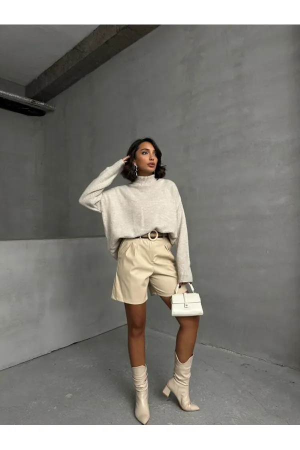 Belted Leather Wholesale Shorts - Stone | TOPSHOW | F1497