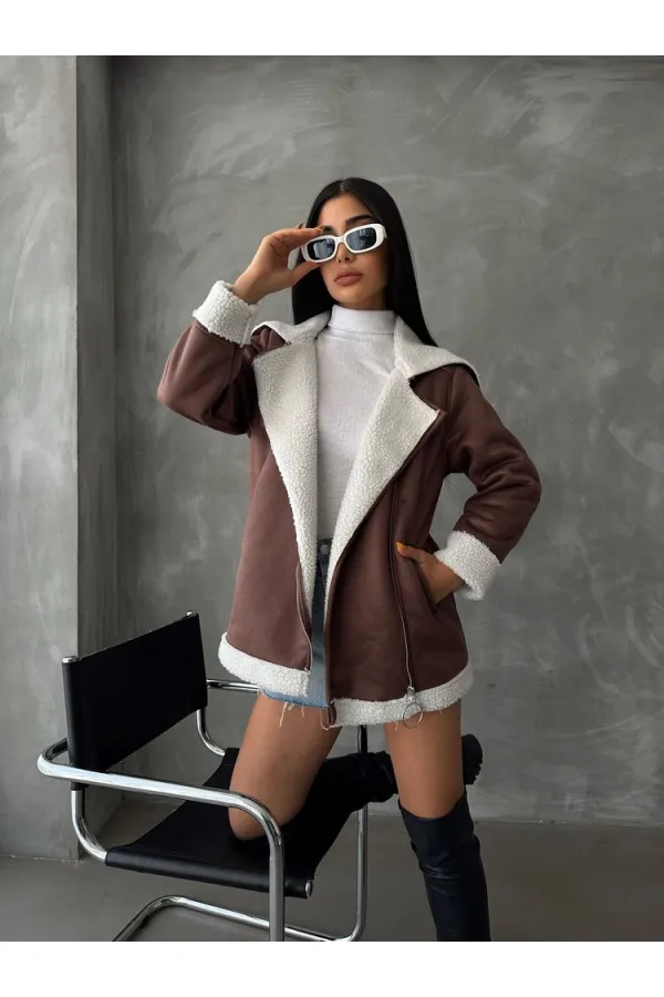 Manteau en cuir à fermeture éclair et col en fourrure (vente en gros) - Beige crème | TOPSHOW | F1534