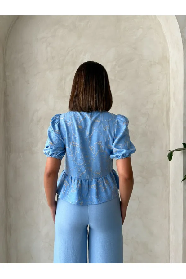 Önden Bağlamalı Nakışlı Toptan Bluz - Açık Mavi | Topshow