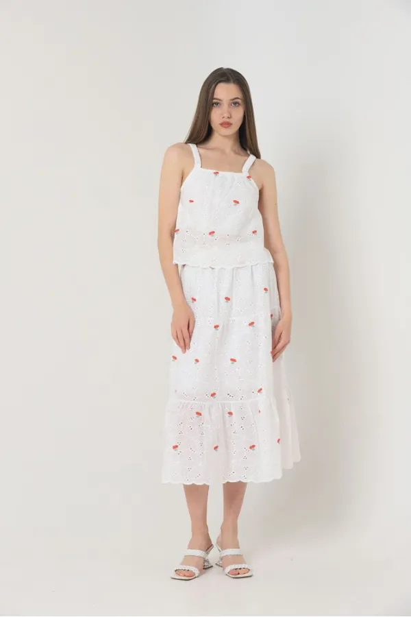 Jupe longue rouge brodée de fleurs (vente en gros) | TOPSHOW