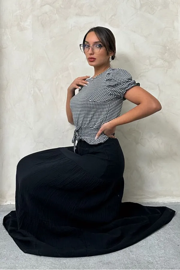 Blouse Topshow noire à carreaux imprimée taille haute, vente en gros