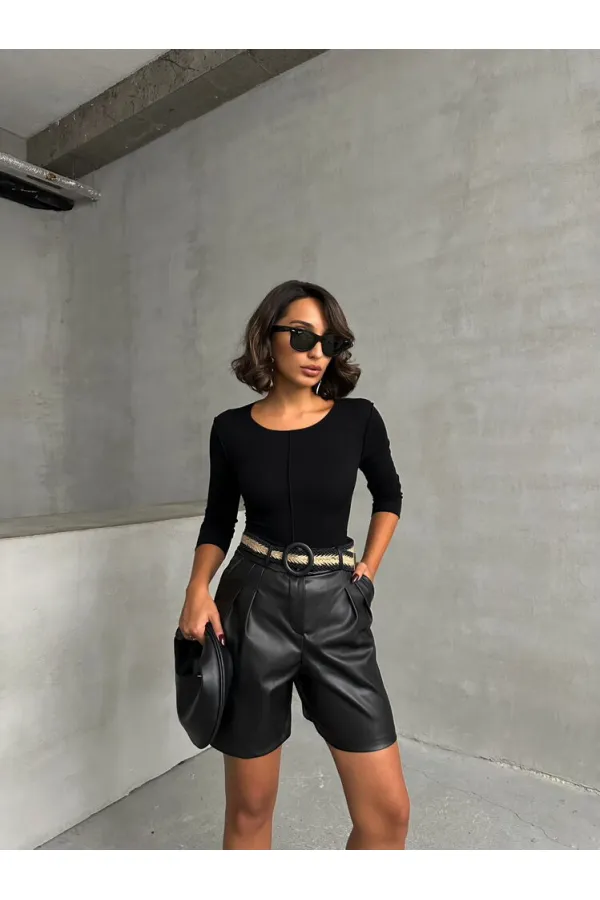 Kemerli Deri Toptan Şort - Siyah | TOPSHOW | F1497