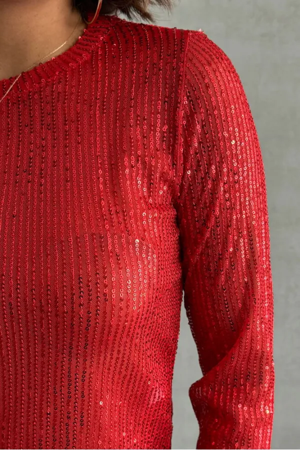 Blouse à sequins rouge en gros | TOPSHOW | F1866