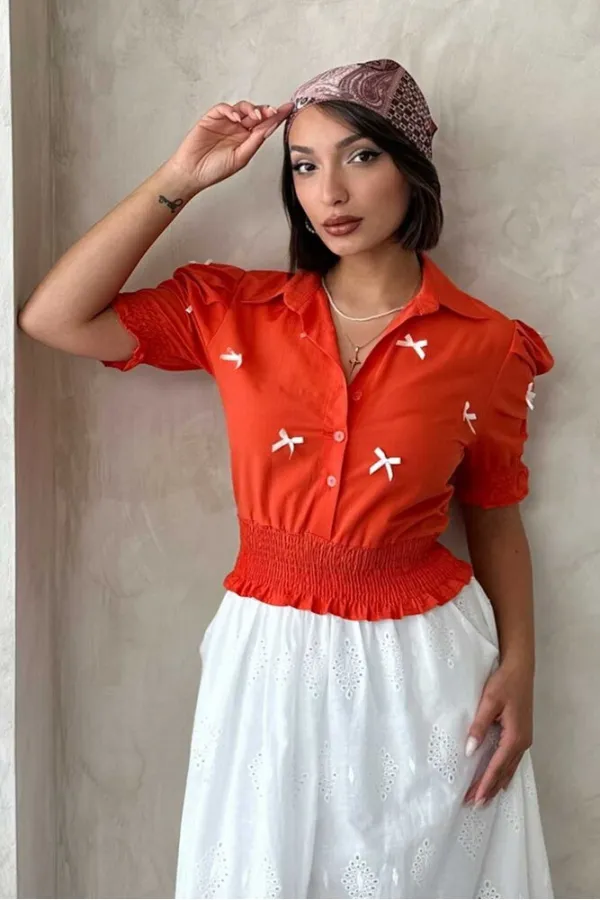 Kol Ucu Etek Gipeli Düğmeli Gömlek - Oranj Topshow