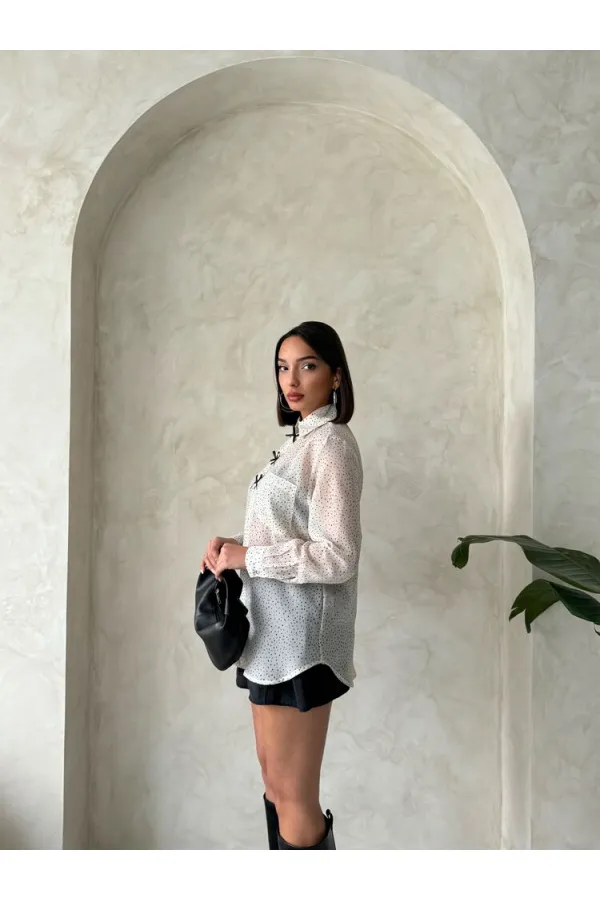 Chemise en mousseline à pois avec nœud décoratif - Gris pierre | TOPSHOW | F1881