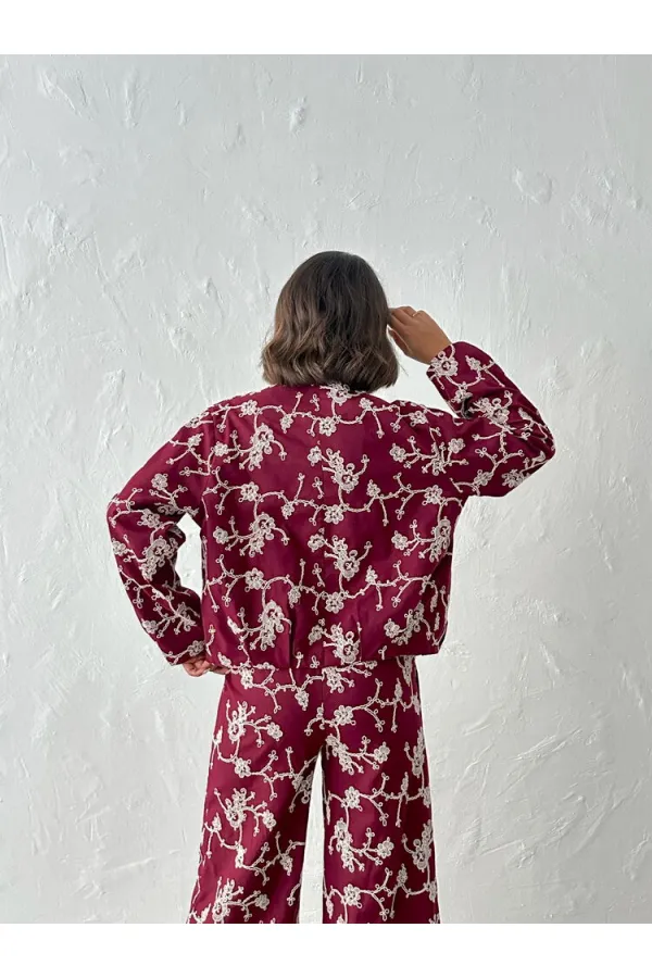 Veste zippée à broderies florales - Bordeaux | Topshow | F1948