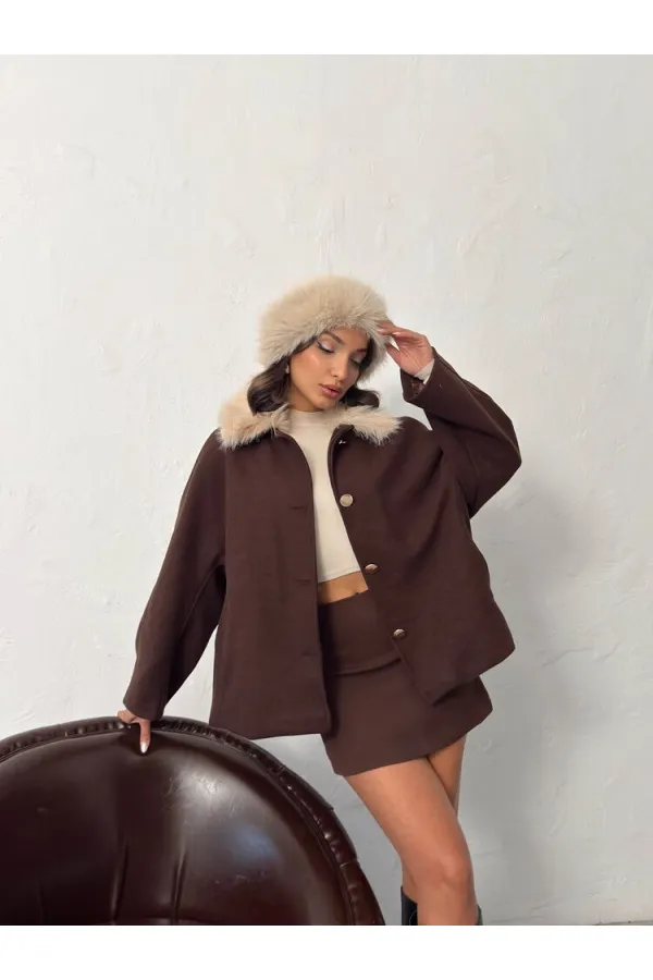 Topshow Peluş Yakalı Dügmeli Kaşe Mont - Kahve | F2048