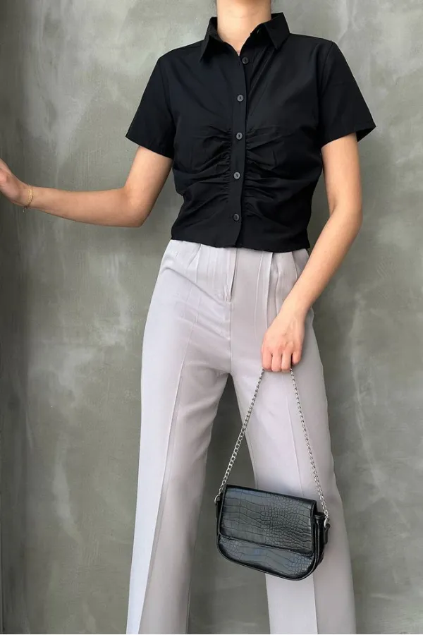 Topshow Black Gipel Front Gathered Wholesale Blouse