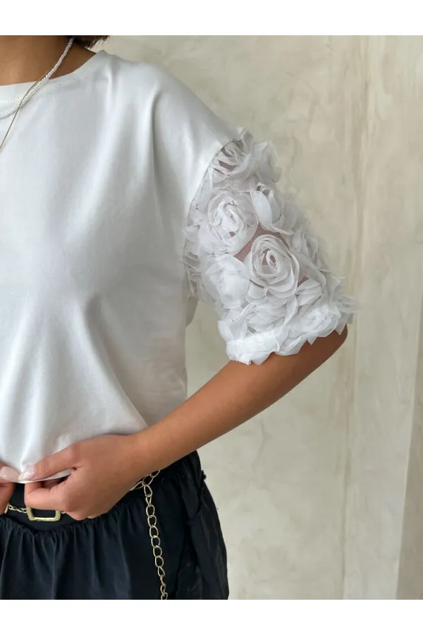 Sleeve Detailed T-Shirt - Cream Topshow