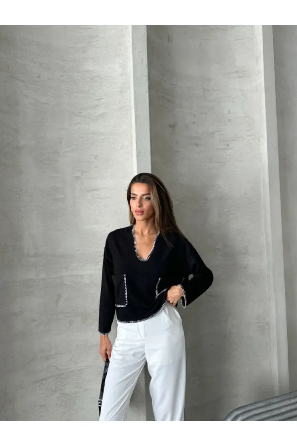 Shepherd's Stitched Knitwear Wholesale Blouse - Black | TOPSHOW | F1652