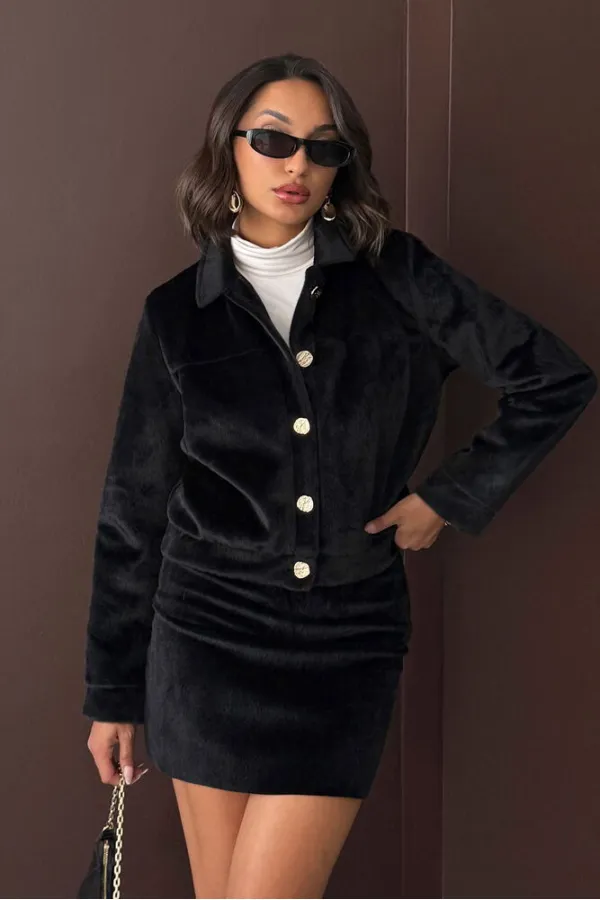 Topshow - Wholesale Plush Buttoned Coat - Black