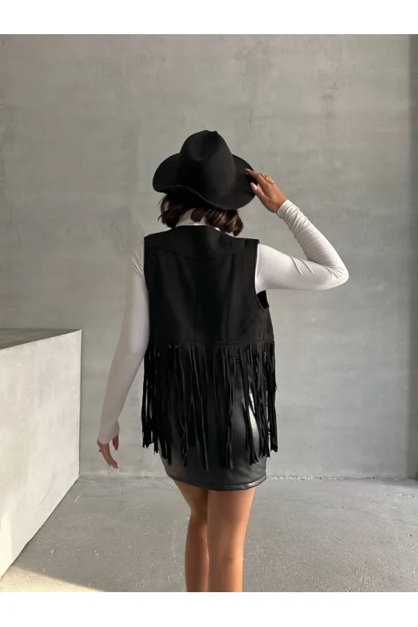 Topshow Siyah Püsküllü Droplu Toptan Yelek | F1806