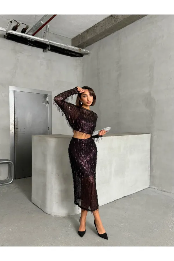 Tüy Pullu Toptan Etek - Siyah Bordo | TOPSHOW | F1621