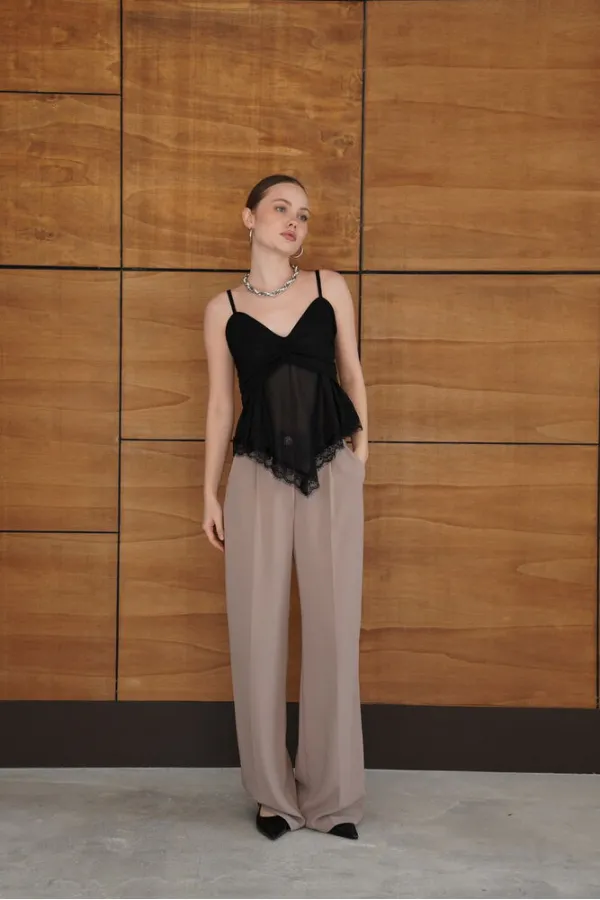 Strappy Lace Detail Tulle Wholesale Blouse - Black | D2979 - Topshow