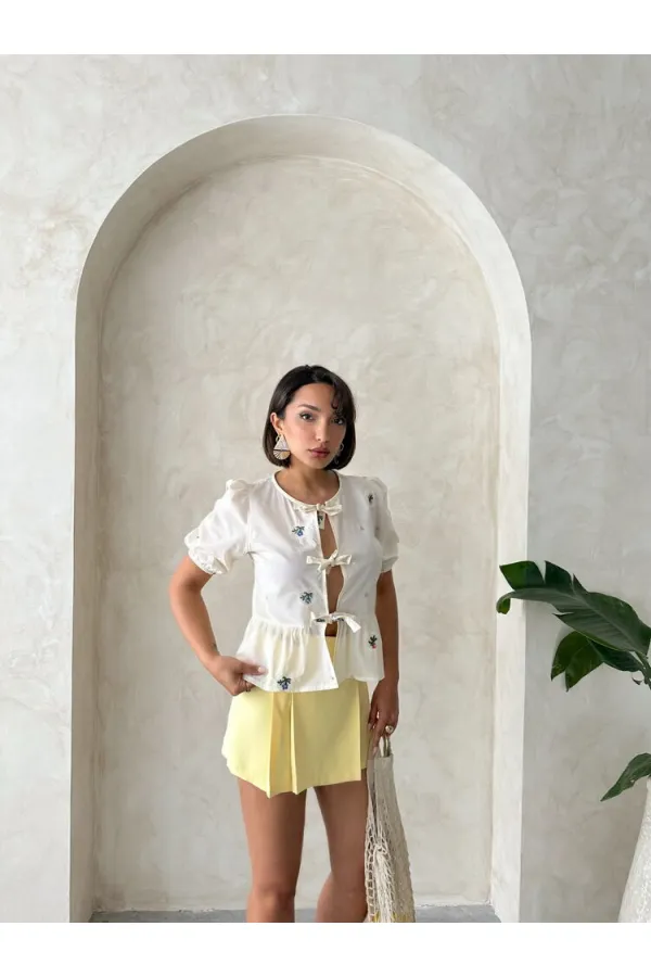 Kemer Detaylı Şort Toptan Etek - Sarı | Topshow