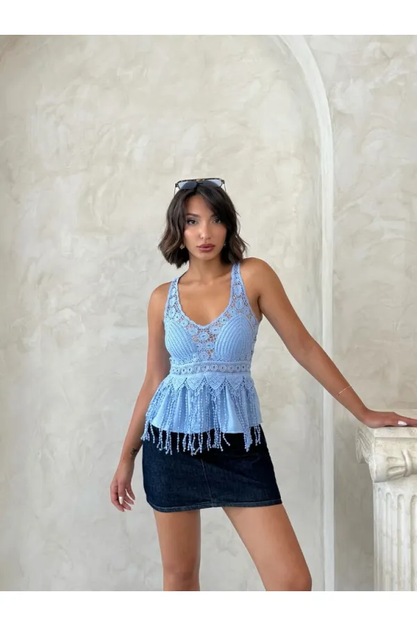 Dantel Detaylı Askılı Toptan Bluz- Mavi | Topshow