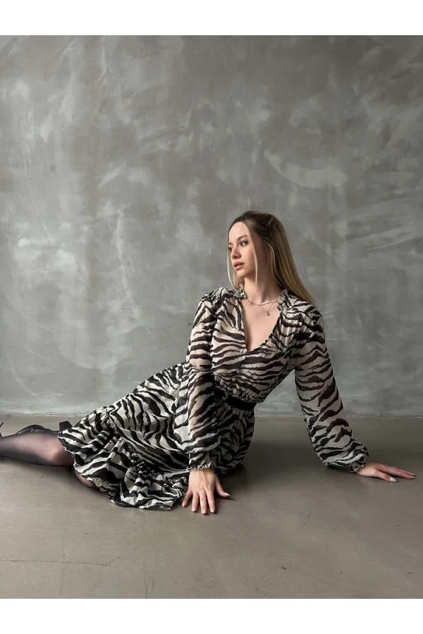 Leopar Çizgili Toptan Elbise - Siyah | TOPSHOW | F1591