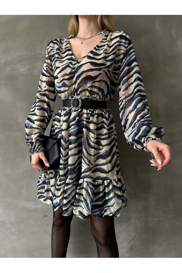 Leopar Çizgili Toptan Elbise - Mavi | TOPSHOW | F1591