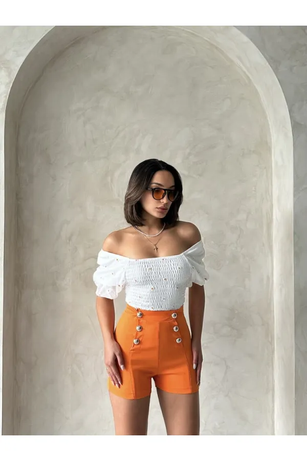 Short Topshow orange à boutons décoratifs en gros