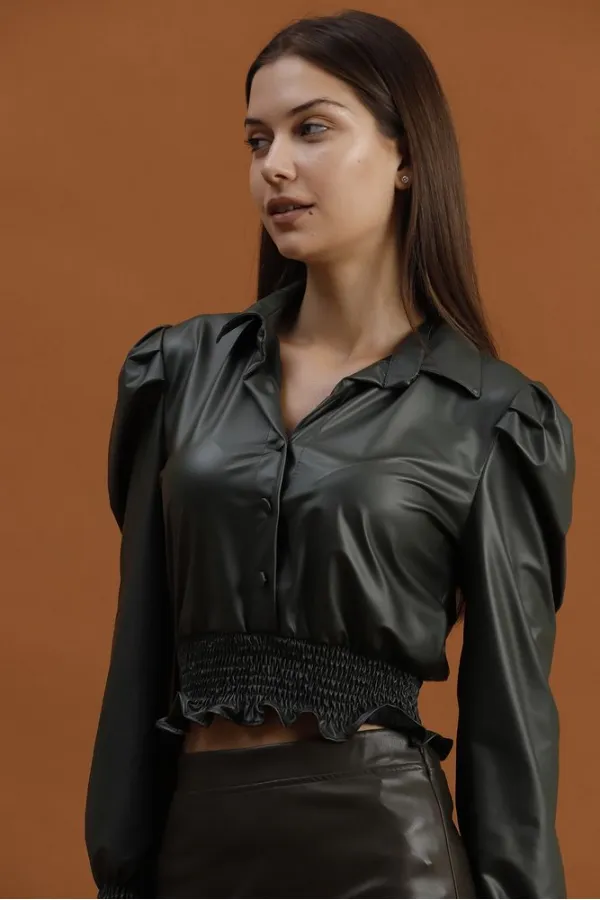 Faux Leather Evening Dress Wholesale Blouse - Khaki | TOPSHOW | F1170