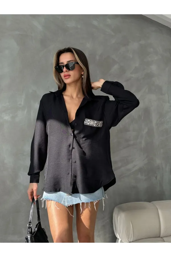 Pocket Detailed Linen Wholesale Shirt - Black | TOPSHOW | F1661
