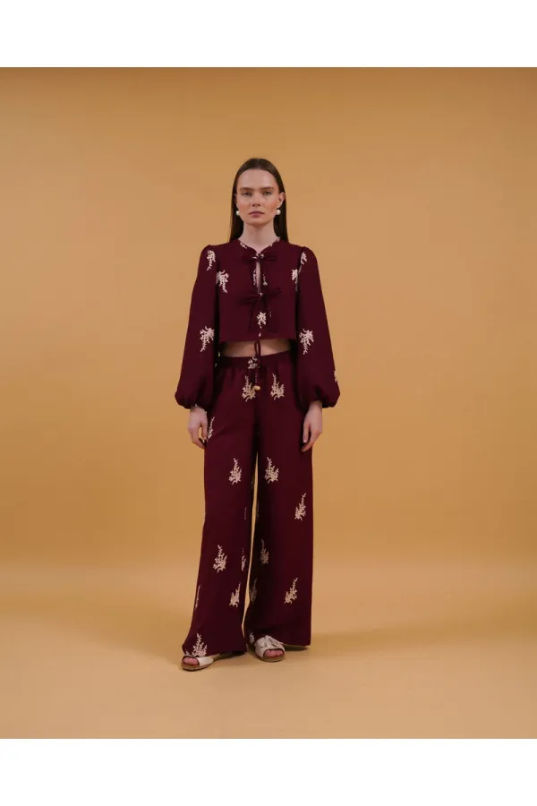 Front-Tie Embroidered Wholesale Blouse - Claret Red | Topshow | F1711