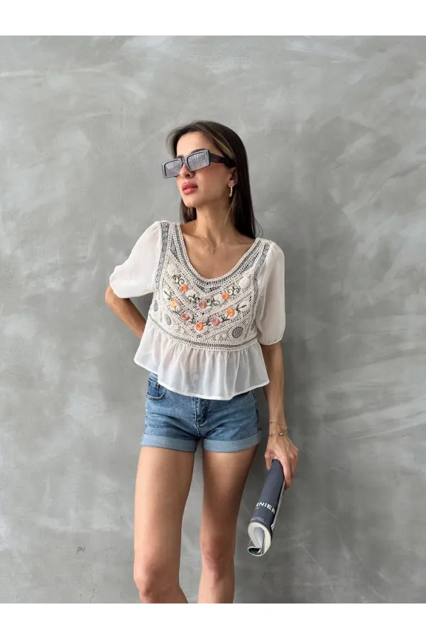 Topshow Stone Gray Embroidered Wholesale Blouse