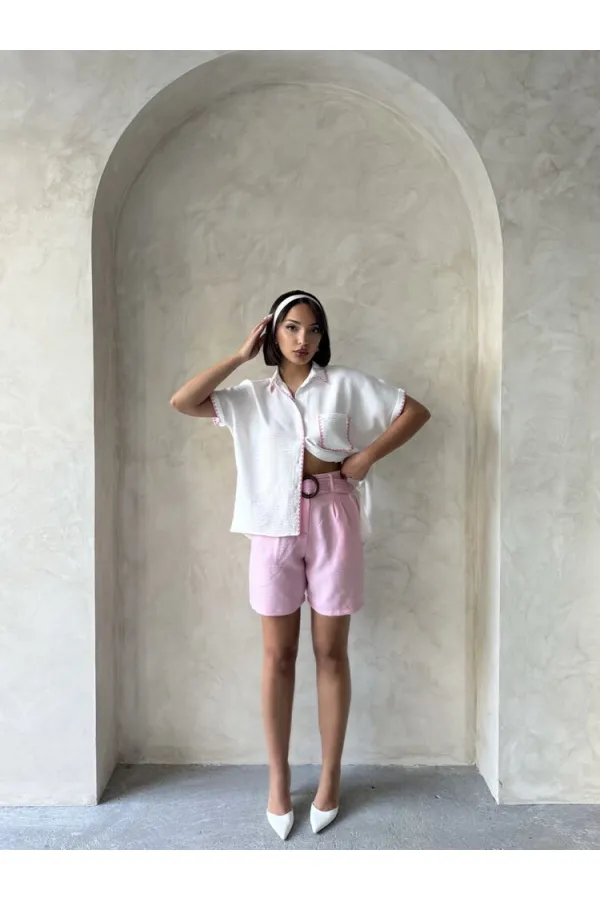 Çoban  Dikişli Keten Gömlek - Krem Pembe - D2597 | Topshow