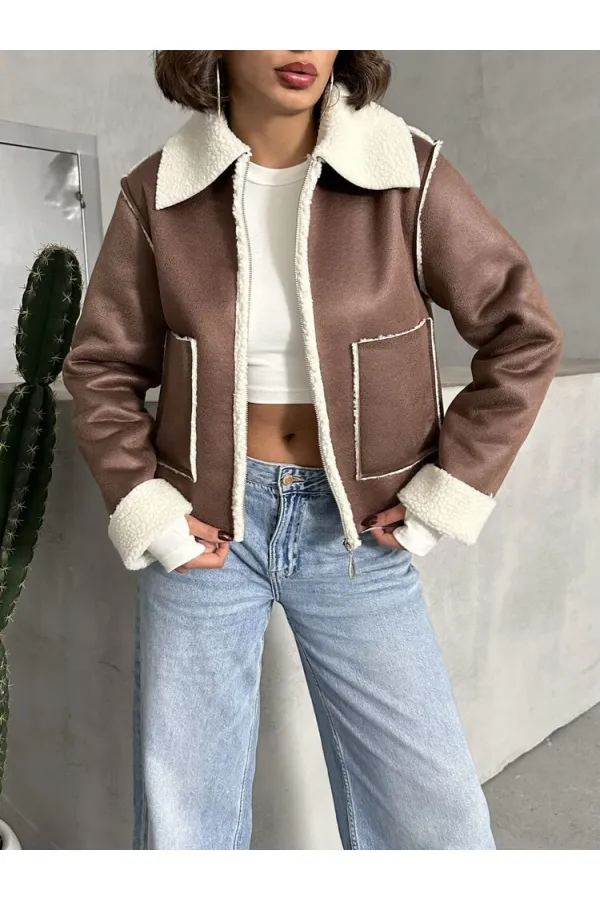 Süet Peluş Toptan Mont - Taba Krem | TOPSHOW | F1856