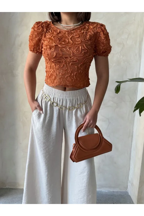 Topshow Kiremit Organze Üstü Süzüneli Toptan Bluz