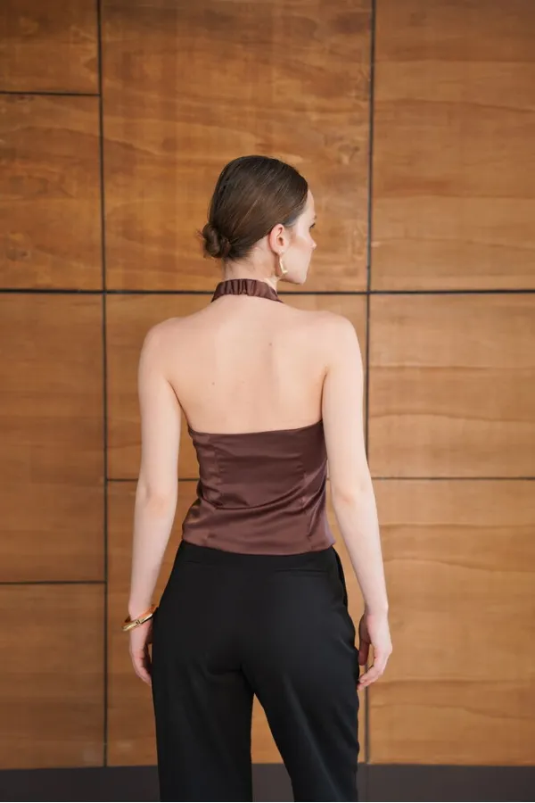Satin Vest with Zipper - Coffee | D2952 - Topshow Satin Vest with Zipper - Coffee | D2952 - Topshow