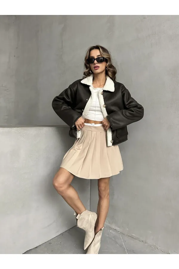 Manteau en nubuck à col en fourrure (vente en gros) - Crème anthracite | TOPSHOW | F1553